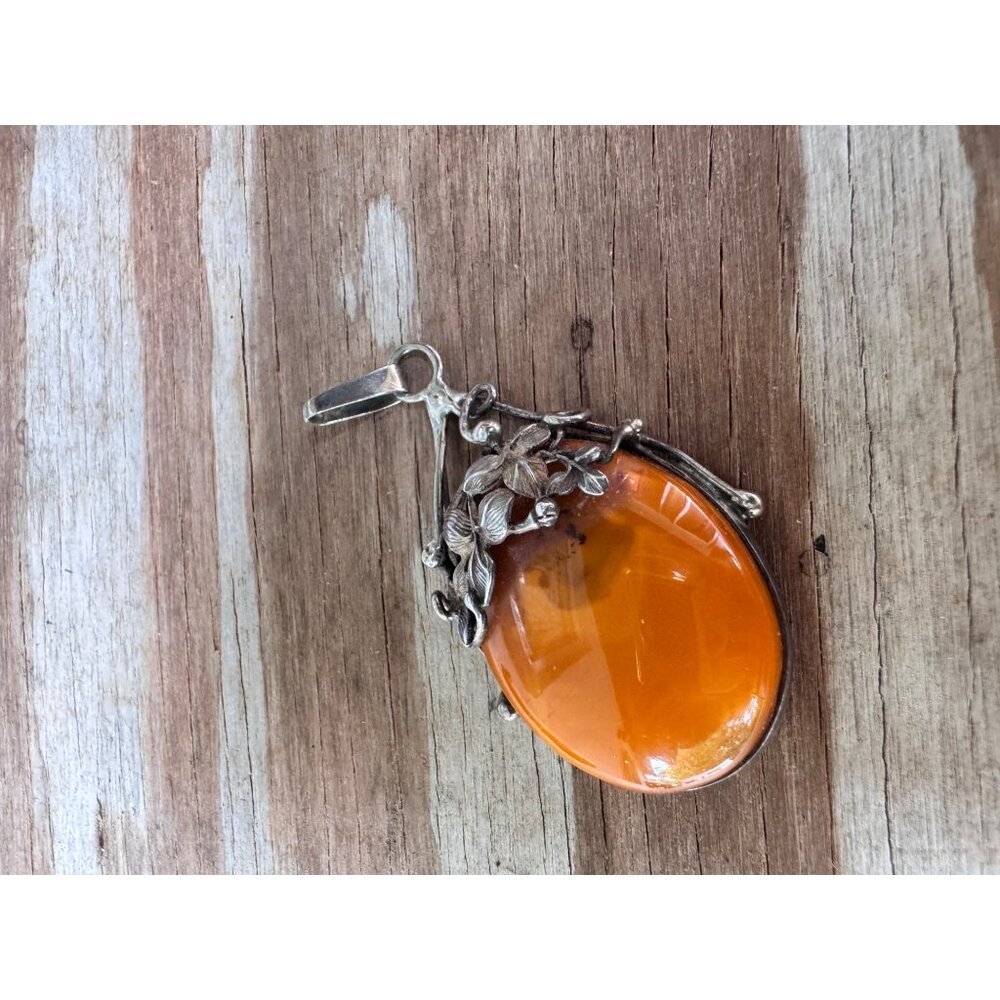 LK Sterling Silver Egg Yolk Butterscotch Amber Pendant Floral 3” 20.45g - Picture 4 of 8